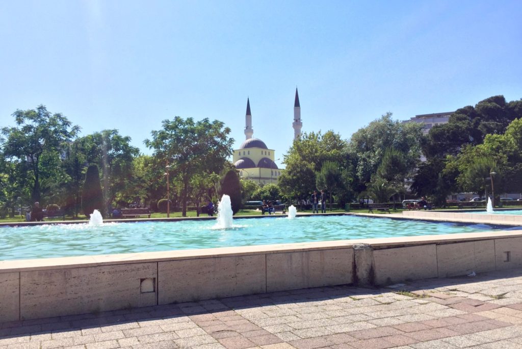 Park in Shkodër with Parrucë Mosque behind